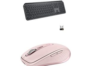 لوحة مفاتيح مضيئة لاسلكية متطورة من لوجيتك MX Keys - جرافيت مع ماوس أداء مضغوط من أي مكان 3 ، لاسلكي ، مريح ، تمرير سريع - وردي