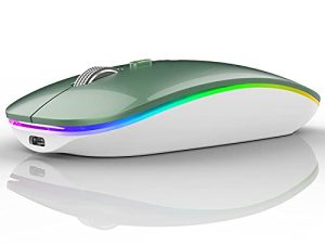 ماوس لاسلكي Uiosmuph LED ، ماوس صامت لاسلكي نحيف قابل لإعادة الشحن G12 ، فأرة كمبيوتر لاسلكية بصرية محمولة 2.4G مع مستقبل USB ومحول من النوع C (أخضر أسود)