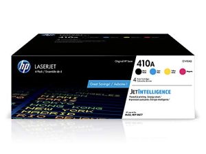 خراطيش مسحوق حبر أصلية HP 410A أسود وسماوي وأرجواني وأصفر (4 عبوات) | تعمل مع سلسلة طابعات HP Color LaserJet Pro M452 وسلسلة طابعات HP Color LaserJet Pro MFP M377 و M477 | CF410AQ