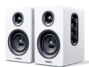 Sanyun SW208 3 "Active Bluetooth 5.0 مكبرات صوت مكتبيّة - وحدة مكبر صوت من ألياف الكربون 60 واط - مدمج 24 بت DAC - صوت محيطي ثلاثي الأبعاد ديناميكي - 2.0 مكبرات صوت لشاشة الكمبيوتر الشخصي للكمبيوتر (زوج ، أبيض)