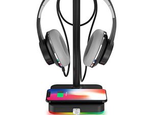 حامل سماعة رأس RGB مع شاحن لاسلكي KAFRI مكتب حامل سماعة الألعاب حامل شماعات مع لوحة شحن 10W / 7.5W QI ومنفذ USB QC 3.0 - مناسب لملحقات سماعات ألعاب طاولة ألعاب سطح المكتب للاعبين