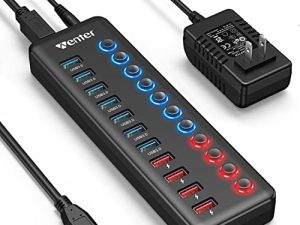 موزع USB 3.0 مدعوم ، موزع USB Hub 11 منفذًا (7 منافذ نقل بيانات أسرع + 4 منافذ شحن ذكية) مع مفاتيح تشغيل / إيقاف LED فردية ، محور USB 3.0 مزود بمحول طاقة لأجهزة Mac والكمبيوتر الشخصي