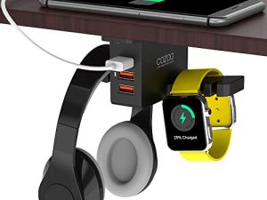 حامل سماعة الرأس مع شاحن USB COZOO أسفل مكتب حامل سماعة الرأس مع 3 منافذ USB شحن وحامل iWatch للساعة الذكية ومنصة شحن مزدوجة خطاف تعليق سماعة الأذن ، تم اختباره من قبل UL