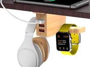 حامل سماعة رأس خشبي من Cozoo مزود بشاحن USB تحت سطح المكتب وحامل سماعة رأس مع 3 منافذ شحن USB وحامل iWatch للساعة الذكية