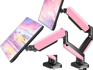 MOUNTUP Dual Monitor Desk Mount ، حامل شاشة زنبركي غاز قابل للتعديل لشاشتين للكمبيوتر مقاس 17-32 بوصة ، 75x75 / 100x100 حامل VESA مع مشبك وقاعدة تثبيت جروميت ، كل ذراع يحمل 4.4-17.6 رطل ، وردي