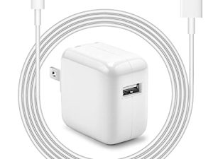 شاحن iPad شاحن iPhone [معتمد من Apple MFi] شاحن جداري USB بقوة 12 وات قابس سفر محمول قابل للطي مع كبلات مودم شحن USB متوافق مع iPhone و iPad و iPad Mini و iPad Air 1/2/3 و Airpod