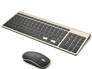 ماوس لوحة مفاتيح لاسلكي ، لوحة مفاتيح وماوس لاسلكي رفيع للكمبيوتر J JOYACCESS 2.4G ، مريح ، صغير الحجم ، حجم كامل مثالي للكمبيوتر ، Windows ، سطح المكتب ، الكمبيوتر المحمول (أسود ذهبي)