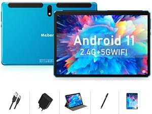 تابلت MEBERRY Android 11 اللوحي 10.1 بوصة مع معالج ثماني النواة بسرعة 2.0 جيجاهرتز | 2.4G + 5G Wi-Fi | 4 جيجا بايت رام + 64 جيجا بايت روم | توسيع 256 جيجا | بطارية بسعة 8000 مللي أمبير | GPS | كاميرا مزدوجة ، معدن أزرق