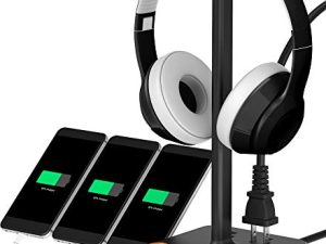 حامل سماعة رأس كوزو مع شاحن USB حامل سماعة رأس للألعاب للكمبيوتر المكتبي مع 3 شاحن USB ومنفذين - مناسب للألعاب ودي جي وشاشة سماعة أذن لاسلكية (برتقالي)