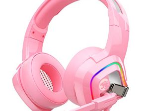 سماعة الألعاب ZIUMIER Z66 Pink لأجهزة PS4 و PS5 و Xbox One والكمبيوتر الشخصي وسماعة رأس سلكية فوق الأذن مع ميكروفون عازل للضوضاء وإضاءة LED RGB وصوت محيط