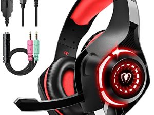 سماعة الألعاب لجهاز PS4 PS5 Xbox One Switch PC مع ميكروفون لإلغاء الضوضاء ، صوت ستيريو عميق باس (أسود أحمر) -1