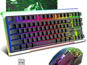 ماوس لوحة مفاتيح لاسلكي للألعاب وحامل لوحة مفاتيح RGB من الأكريليك الشفاف مع إضاءة خلفية بألوان قوس قزح 87 مفتاحًا ، إحساس ميكانيكي مريح وقابل لإعادة الشحن ، بطارية 3800 مللي أمبير في الساعة مضادة للظلال لأجهزة الكمبيوتر الشخصية التي تعمل بنظام Mac (مزيج أسود)