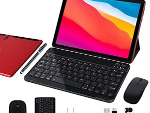 JUSYEA 2022 Android 10 Tablet 10.1 inch J5-W Tablets Ultra-Portable- RAM 4GB | 64 جيجا بايت قابلة للتوسيع - بطارية 8000 مللي أمبير - واي فاي - ماوس | لوحة المفاتيح والمزيد - أحمر