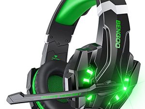 BENGOO G9000 سماعة رأس للألعاب ستيريو لجهاز PS4 PC Xbox One PS5 ، سماعات إلغاء الضوضاء فوق الأذن مع ميكروفون ، ضوء LED ، صوت محيطي ، غطاء للأذنين بذاكرة ناعمة لأجهزة الكمبيوتر المحمول Mac - أخضر