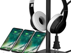 حامل سماعة رأس COZOO مع شاحن USB حامل سماعة رأس للألعاب مع 3 شاحن USB ومنفذين - مناسب للألعاب و DJ وشاشة سماعة الأذن اللاسلكية (أسود)