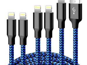 شاحن آيفون من cugunu ، 5 عبوات 3/3/6/6 / 10FT كابل لايتنينج USB معتمد من Apple MFi من النايلون متوافق مع iPhone 14/13/12/11 / X / Max / 8/7/6 / 6S / 5 / SE / Plus / iPad - أسود أزرق