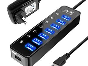 USB Hub 3.0 مدعوم ، موزع بيانات Atolla 7 منافذ USB مع منفذ شحن ذكي واحد ومفاتيح تشغيل / إيقاف فردية ومحول طاقة 5V / 4A ملحق USB لأجهزة MacBook و Mac Pro / Mini والمزيد.